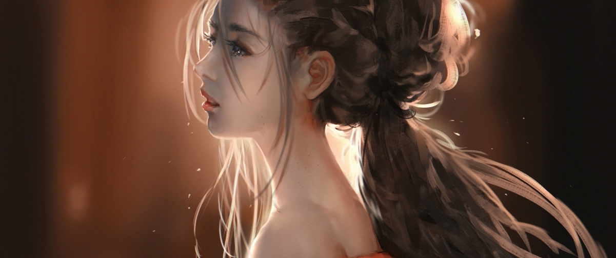唯美黑发动漫美女露肩壁纸，4K高清带鱼屏，3440x1440超清下载