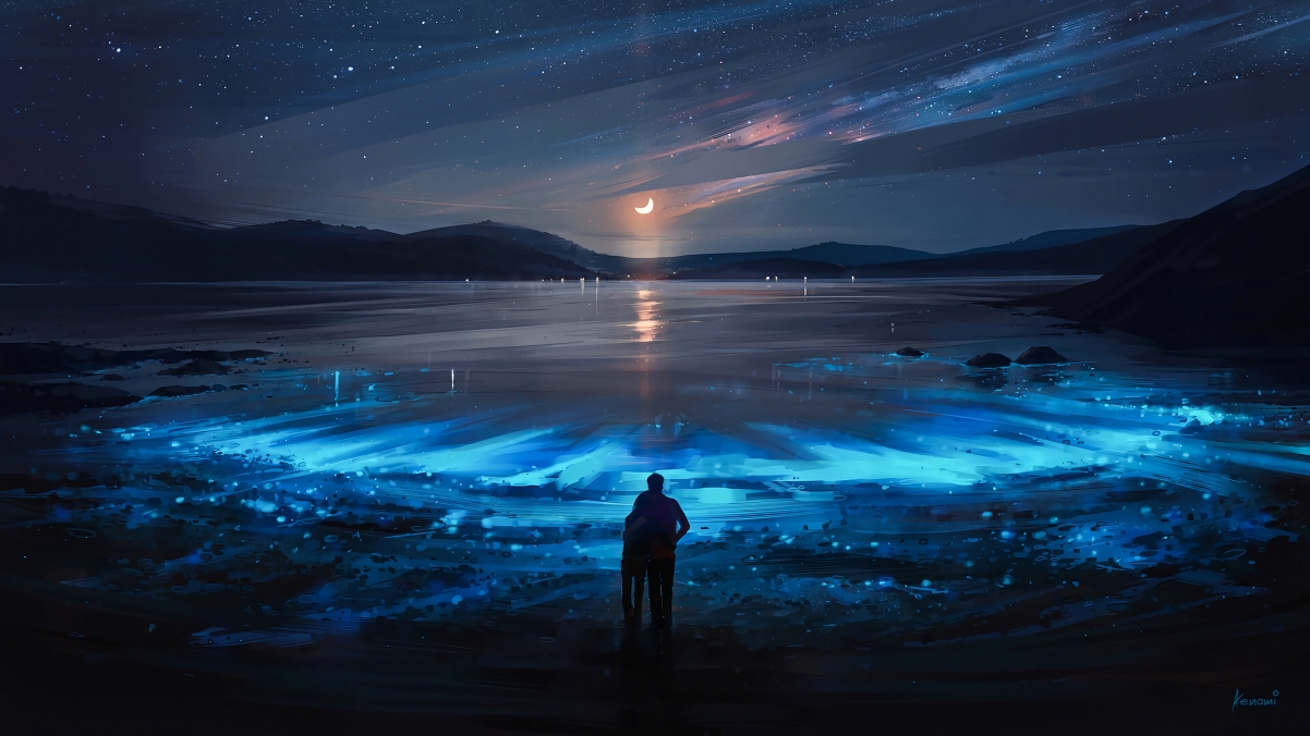 夜幕星河，浪漫恋人专属4K超高清壁纸，月亮星星共绘甜蜜梦境