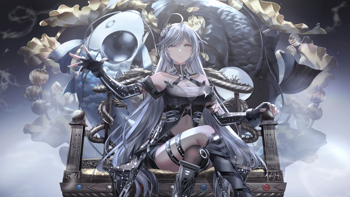 龙椅宝座美女壁纸，长发美少女4K高清动漫图，4096x2304分辨率下载
