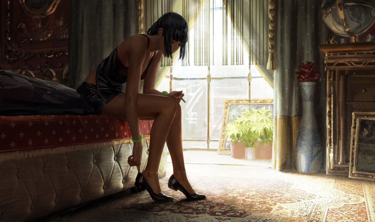 GUWEIZ原创，优雅黑裙女孩，手镯点缀，长腿迷人，4K高清动漫壁纸下载