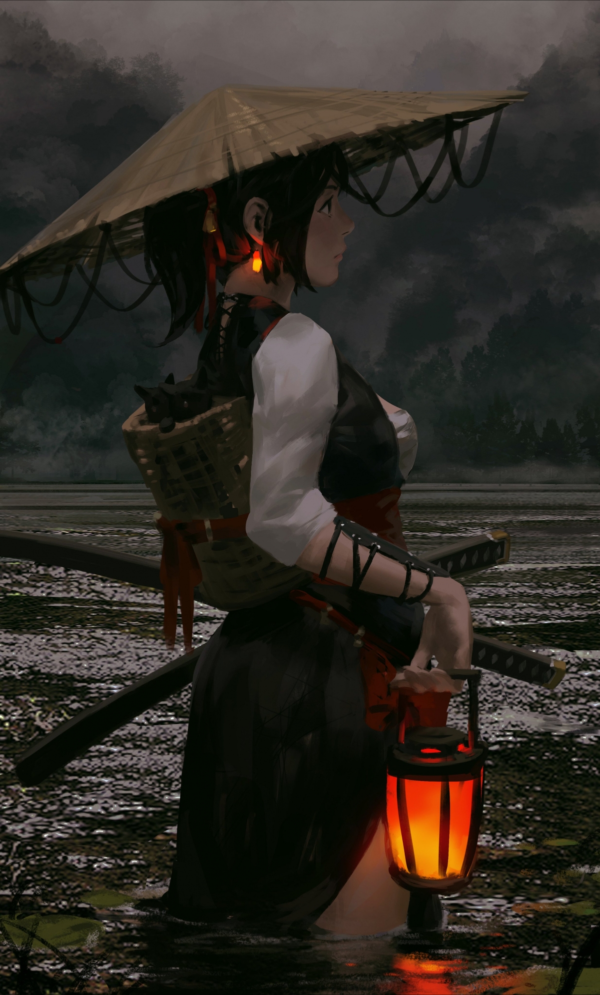 夜之美女武士，斗笠遮颜，油灯映照，手持武士刀，超清4K动漫壁纸