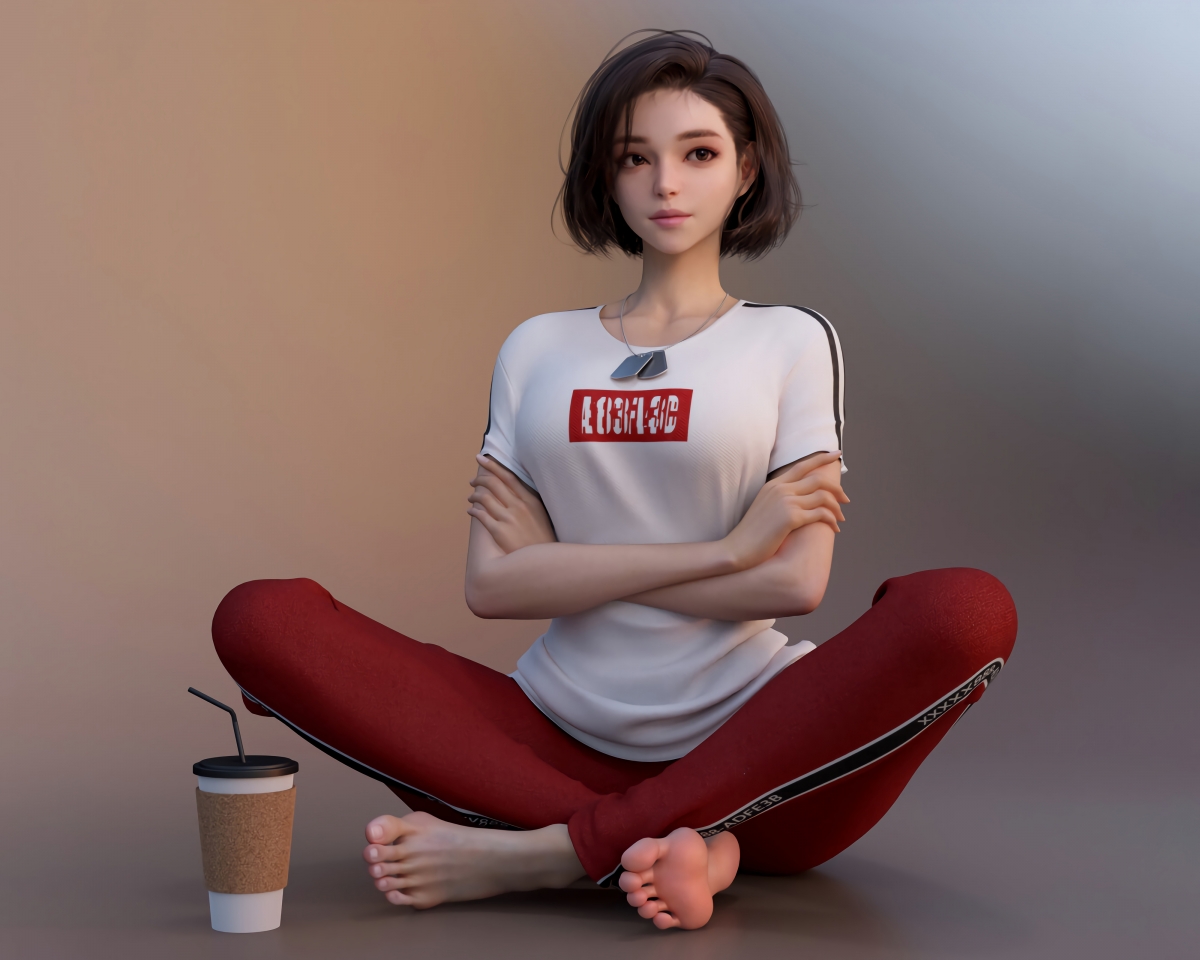4K高清壁纸，3D美女盘腿坐姿，休闲运动装风采，超清4000x3200像素下载