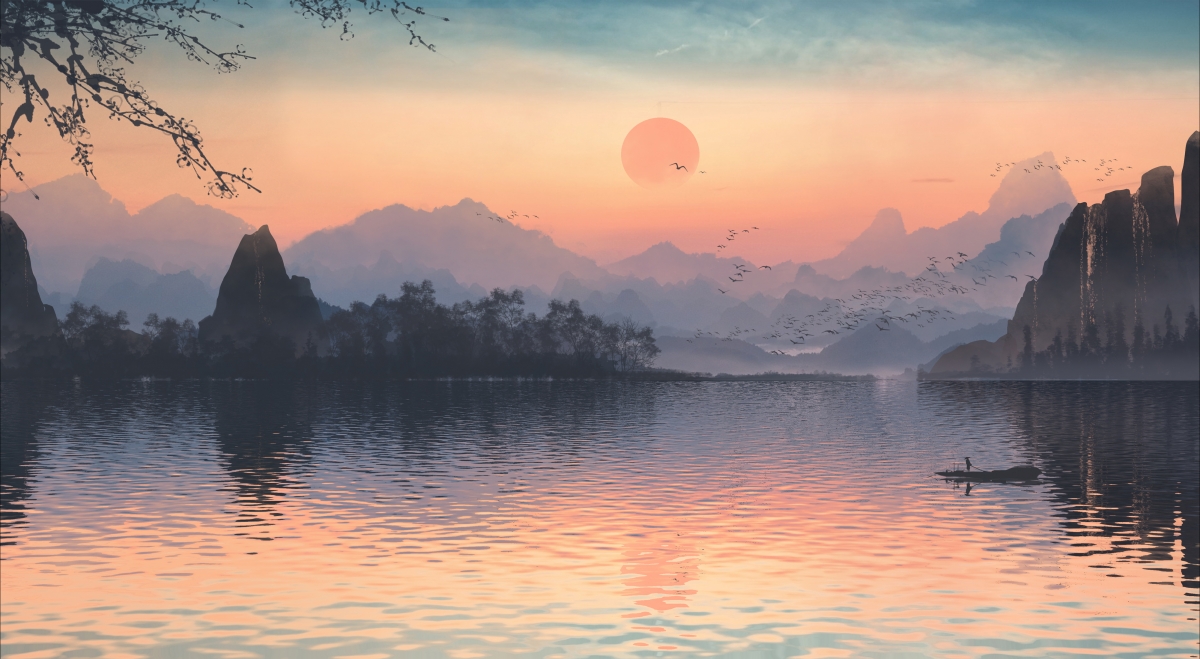 绝美手绘山水画，日落湖畔渔船静谧，4K超清壁纸，4000x2198高清下载