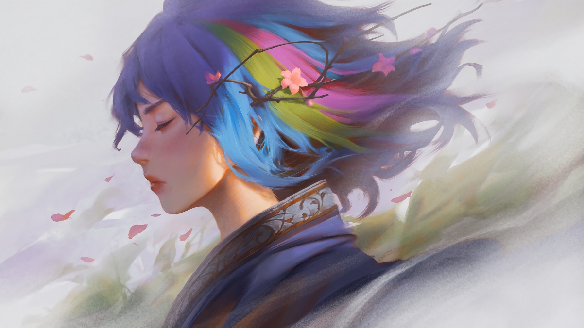 唯美和风女孩，闭目赏樱，和服倩影，高清4K动漫壁纸下载（3840x2160）