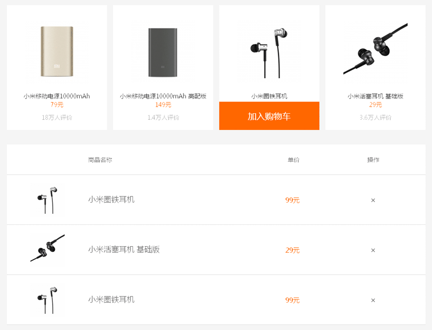 原生js仿小米商城点击商品加入购物车代码