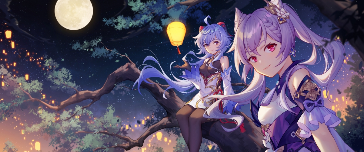 《原神》明霄灯海美景，甘雨刻晴黑裤袜版，超清4K壁纸3440x1440，一键下载