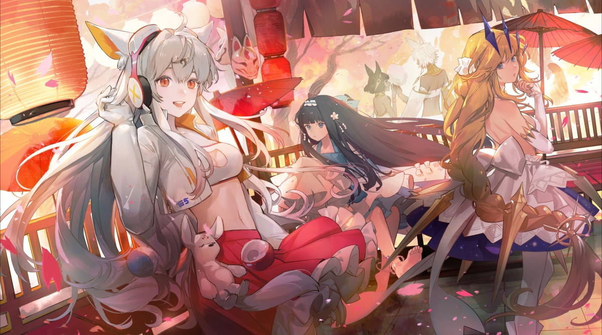 古风唯美插画，解神者少女，红裙露脐，撑伞倩影，4K高清壁纸下载