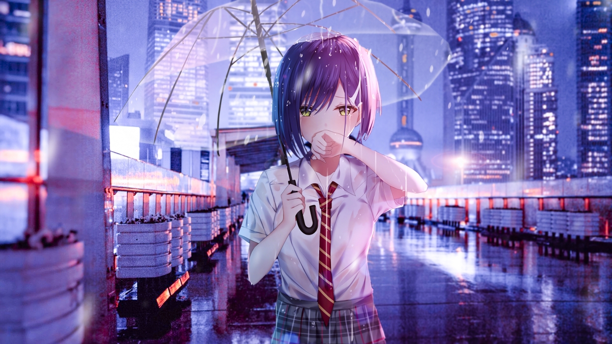 雨天漫步，打伞的女孩学生泪眼朦胧，城市风景入画，4K动漫壁纸高清下载