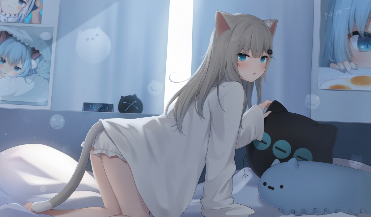 二次元萌猫娘，蓝眸猫耳少女4K超清壁纸，4000x2336高清下载