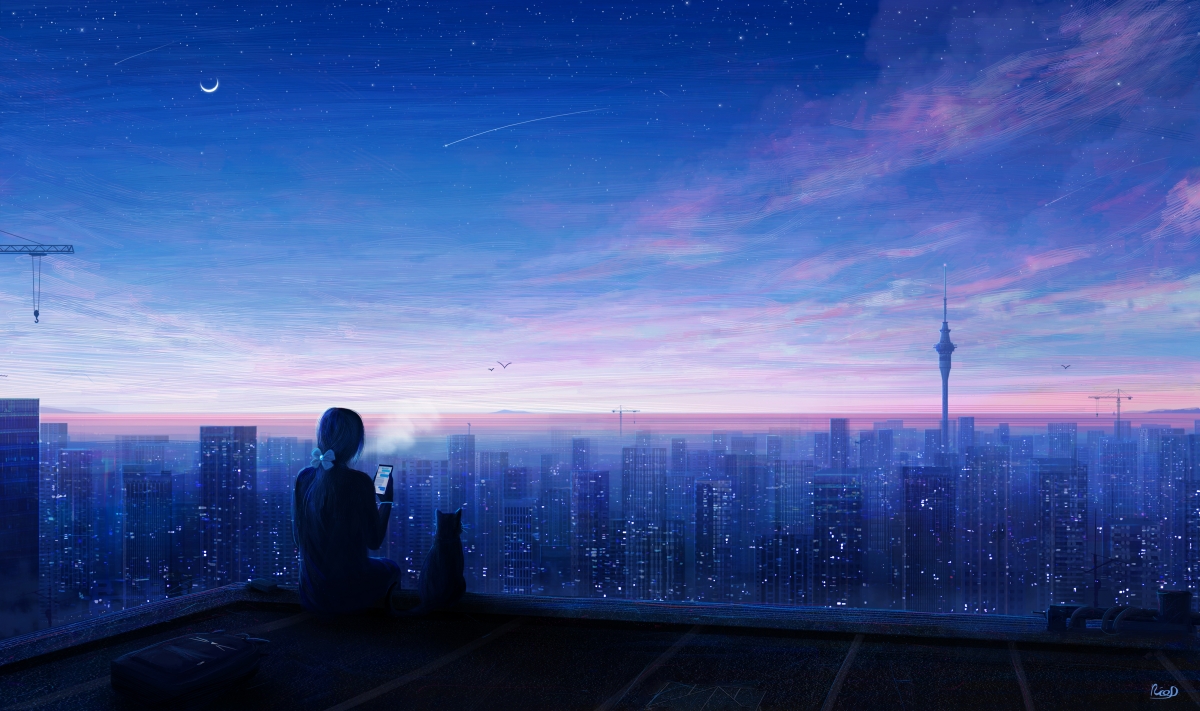 城市夜韵，女孩与猫的唯美动漫风景，超清4K壁纸免费下载（4000x2369）