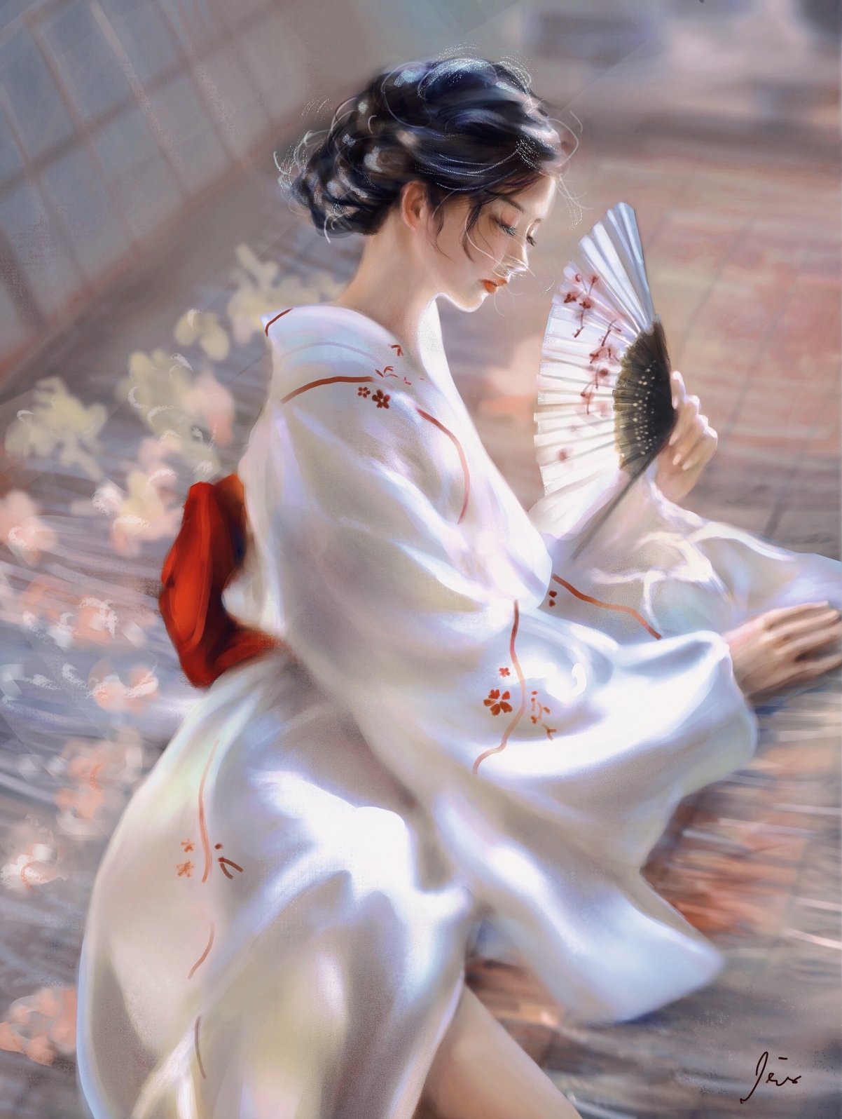 和服佳人悠然小憩，轻摇扇子，绝美壁纸下载，高清4K适配2K手机