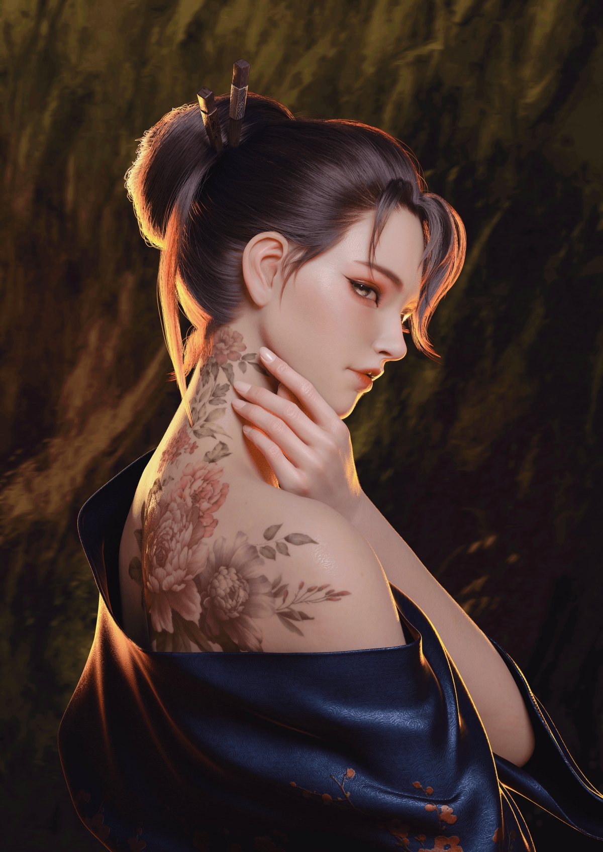 和服佳人露肩背纹身，绝美竖屏4K手机壁纸，高清全屏美女图
