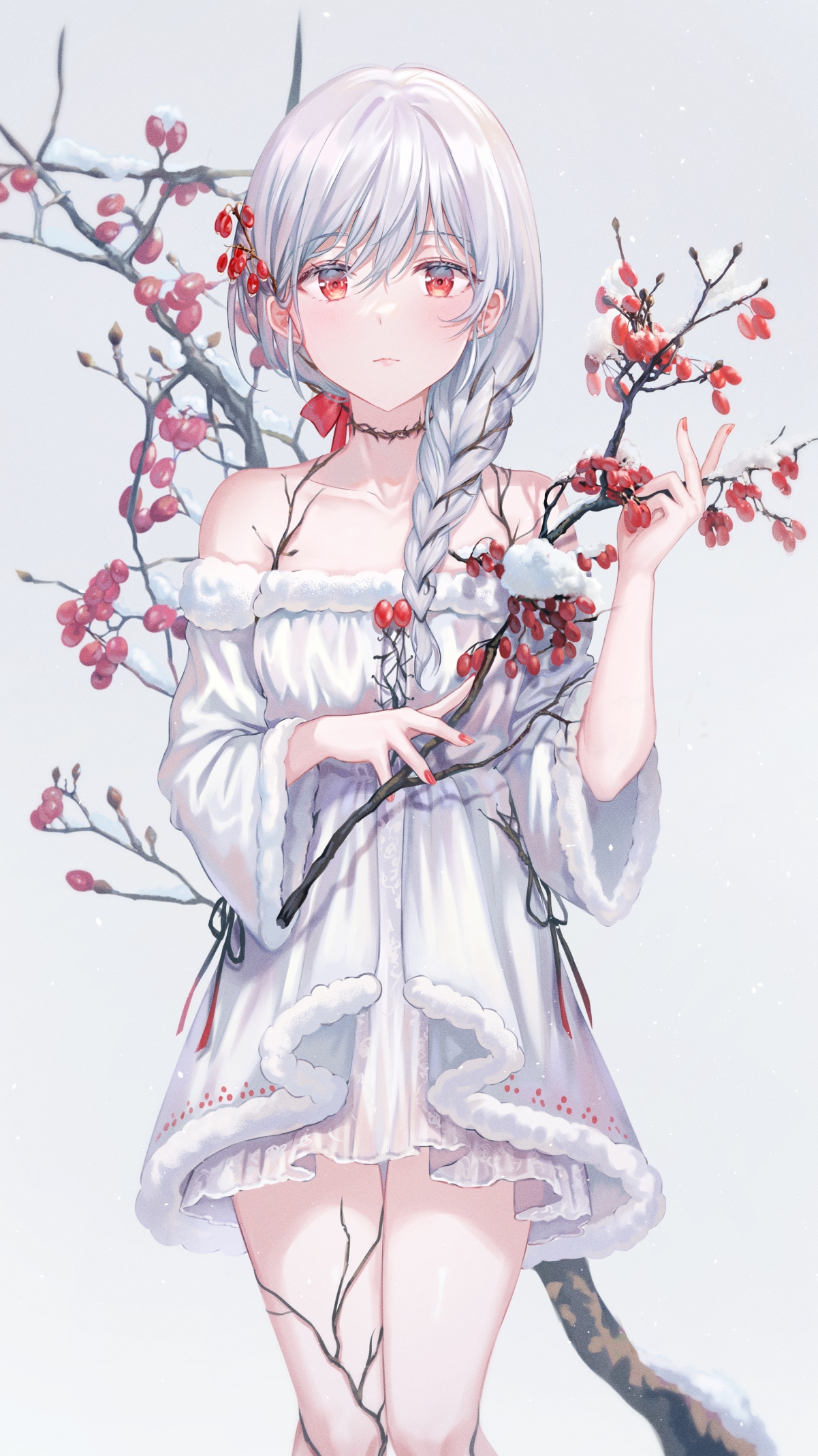 银发少女美甲炫彩，纯白连衣裙映雪景，竖屏动漫美女4K壁纸，高清2160x3845下载