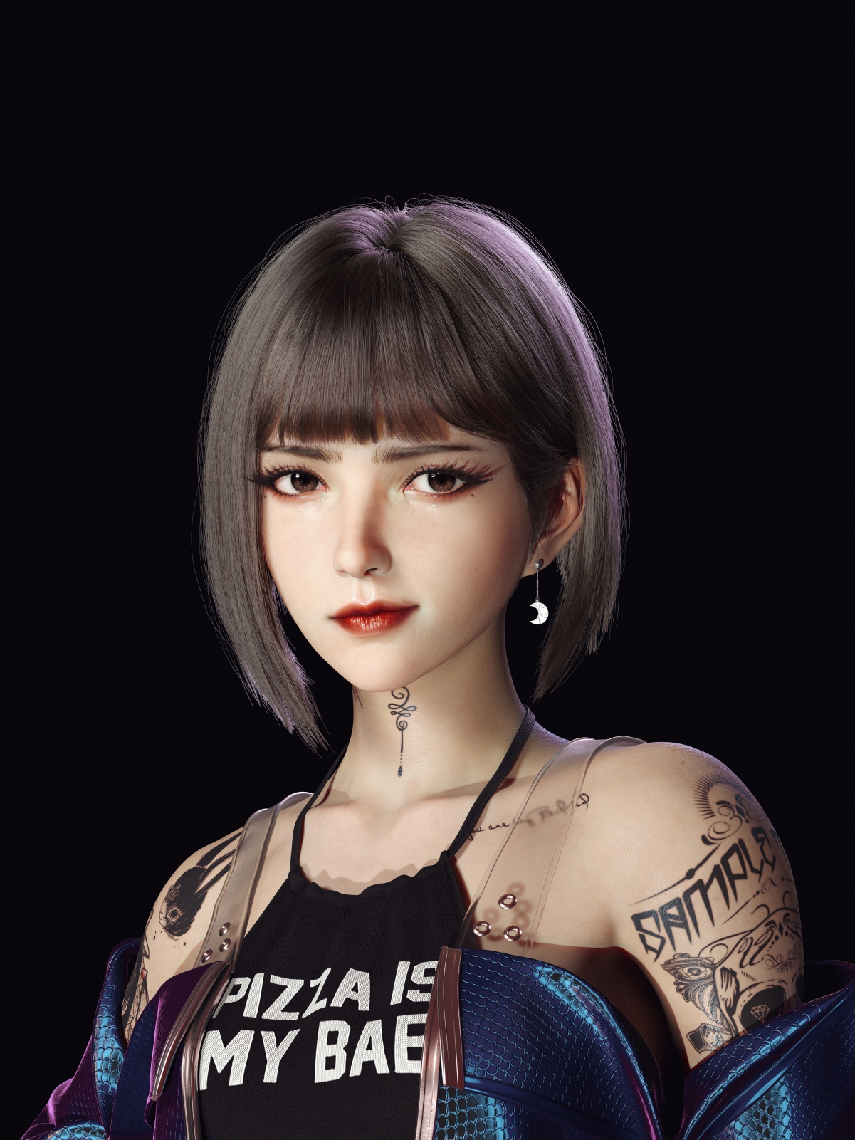 短发辣妹纹身耳环微笑，超清4K全面屏手机壁纸，2879x3840高清下载