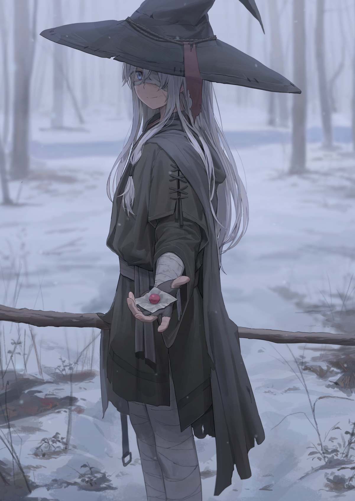 微笑女巫素描，银发眼罩，戴帽赏雪，竖屏4K高清手机壁纸