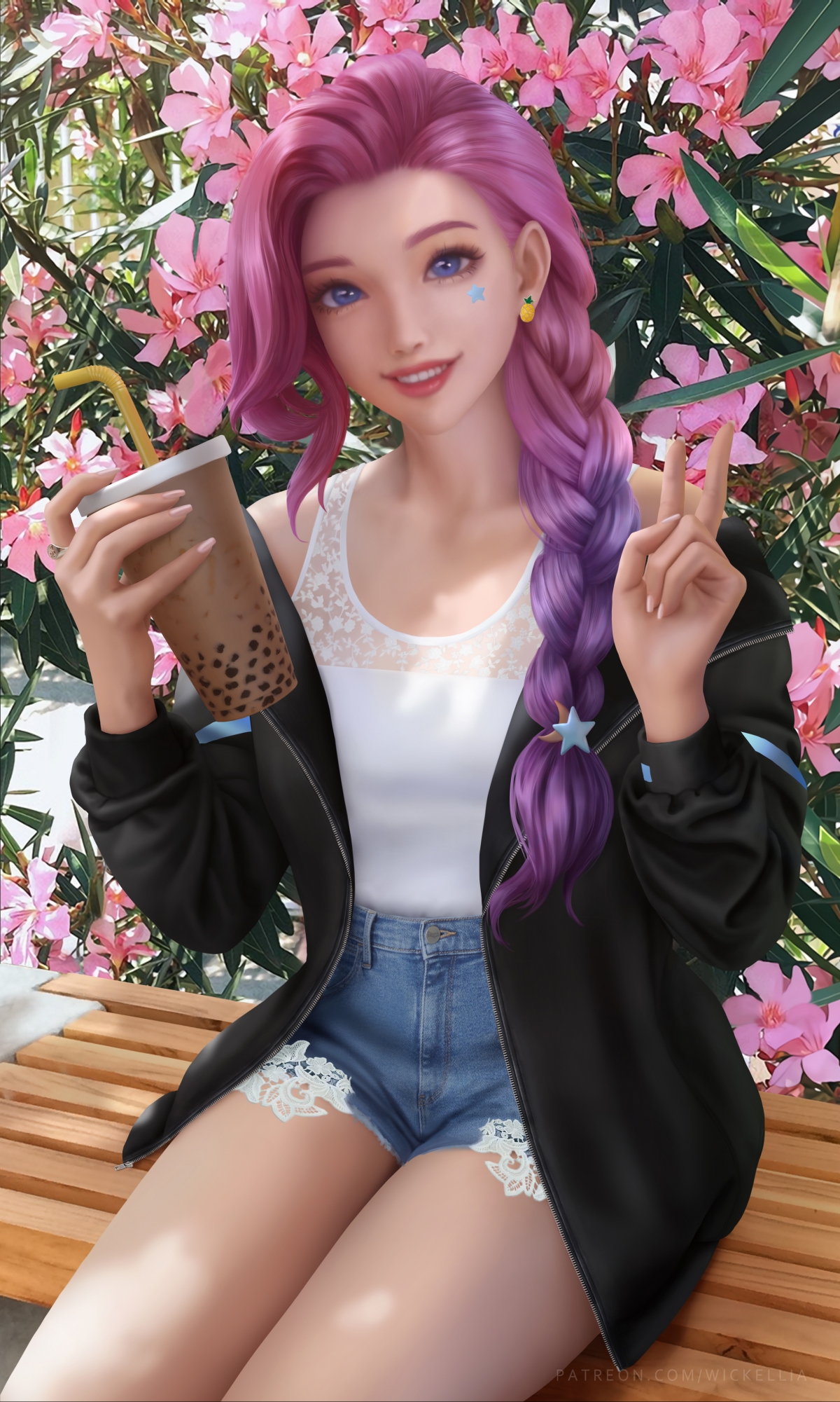《英雄联盟lol》塞拉菲娜，奶茶时光，公园花丛拍照，绝美4K全面屏手机壁纸高清下载
