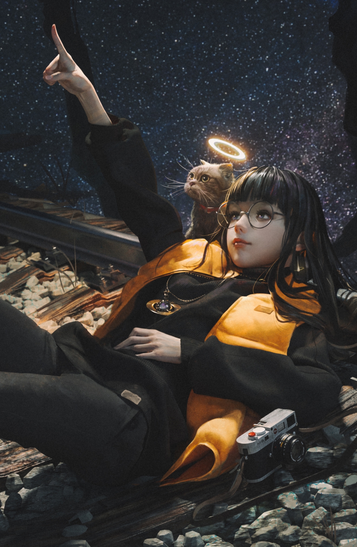 星空梦幻，少女与猫共舞火车轨道，绝美2K全面屏手机壁纸，动漫4K高清图片，1634x2500分辨率，免费下载