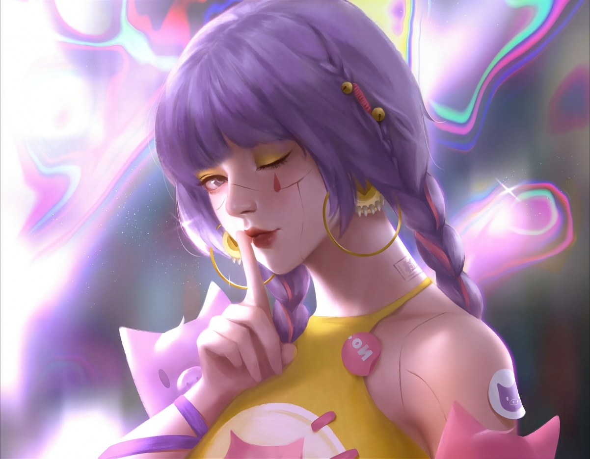 迷人紫发女孩眨眼手势插画，绝美4K动漫壁纸，高清3840x2992下载