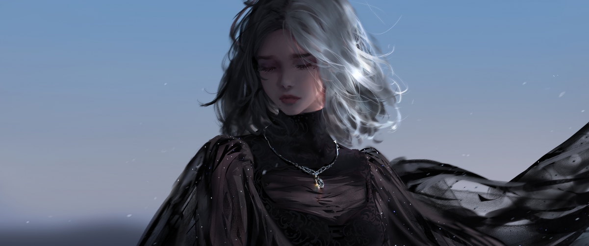 风中倩影，唯美厚涂动漫少女，带鱼屏4K高清壁纸，3440x1440免费下载