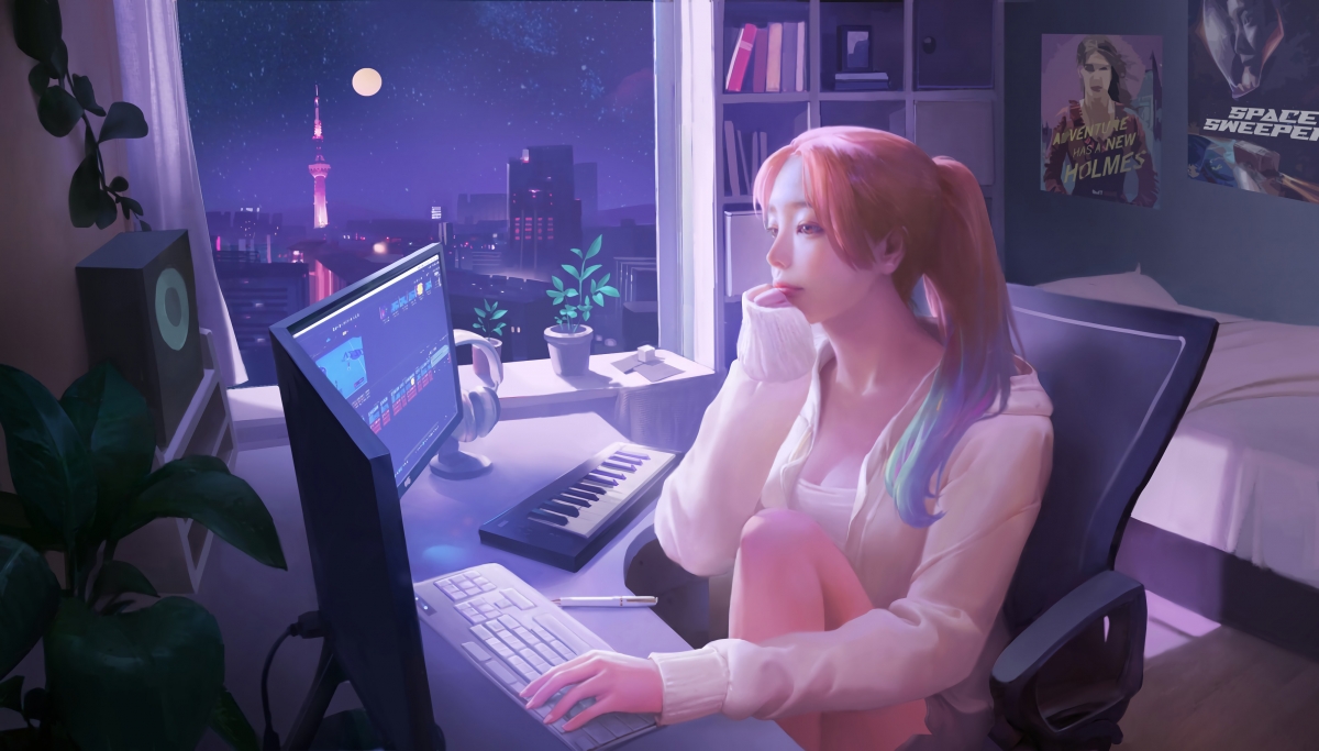 女生房夜赏二次元，马尾辫配电脑，畅听音乐，精选4K动漫壁纸下载