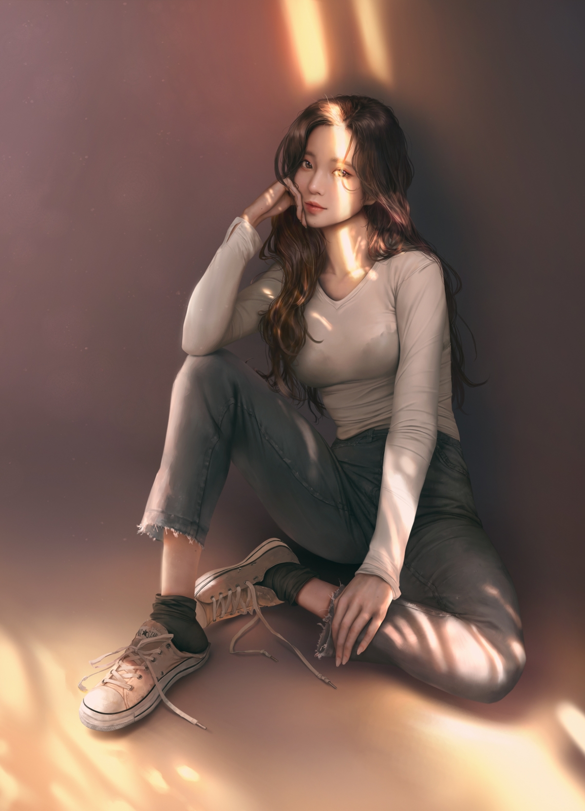 欧派少女清新休闲装，修长美腿抢镜，2K全面屏高清手机壁纸下载