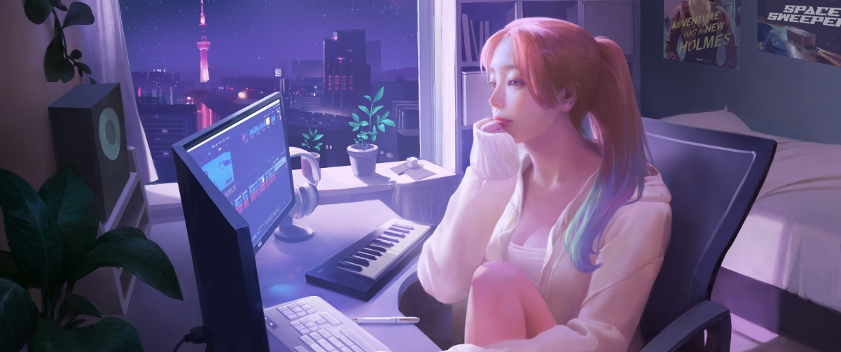 女孩与电脑相伴，畅享动听音乐，精选3440x1440高清4K动漫壁纸下载