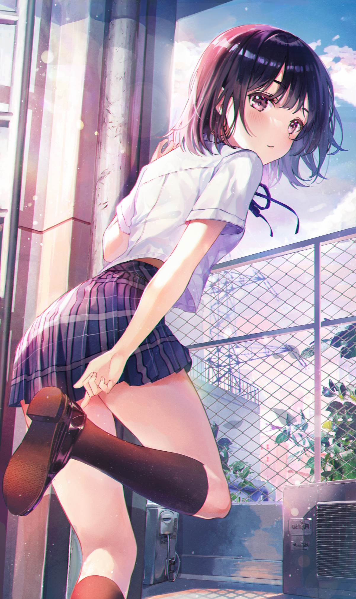 JK制服短发女生竖屏动漫壁纸，高清4K大腿特写，学生风手机背景图下载