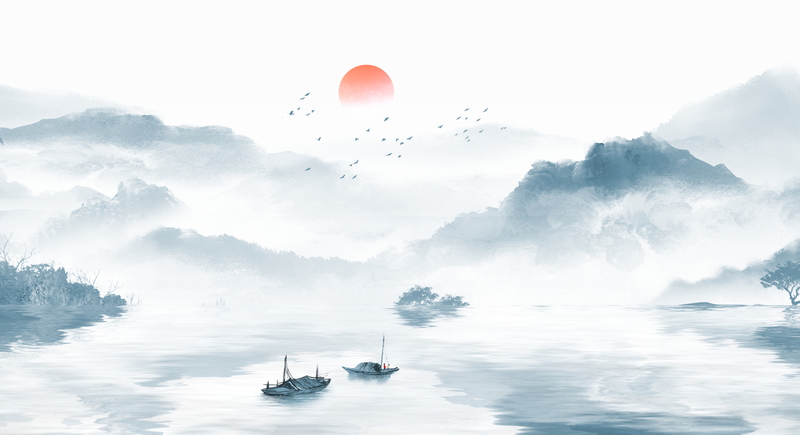 水上日出美景，山水渔人背景高清JPG，复古中国风PSD设计素材下载