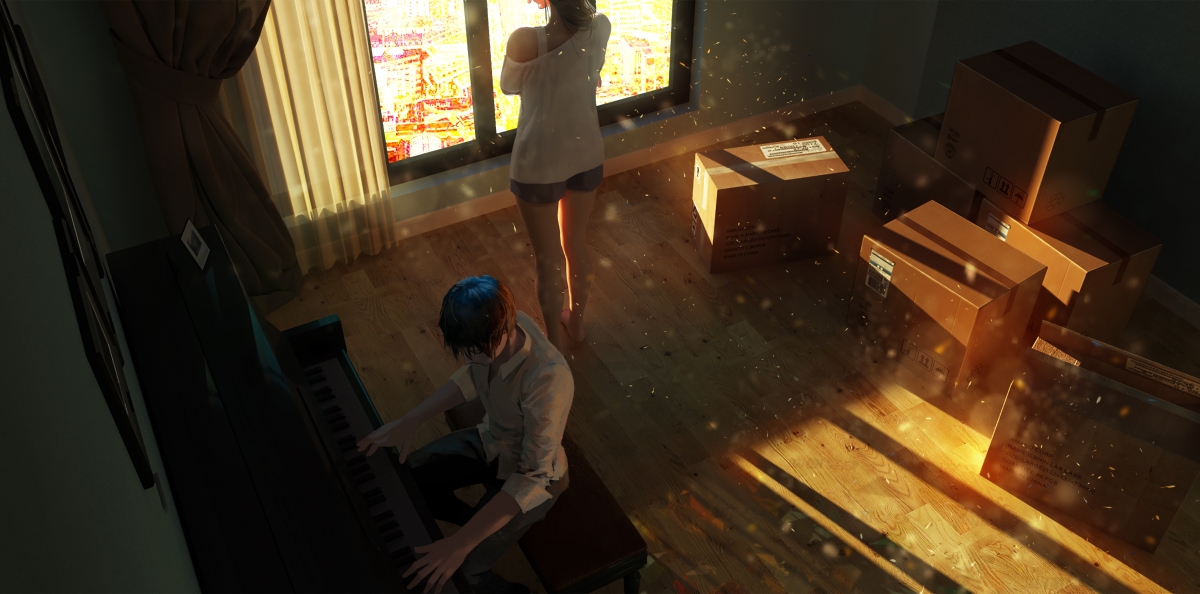 女孩背影钢琴梦，男孩光影奏心声——唯美4K动漫插画壁纸高清下载