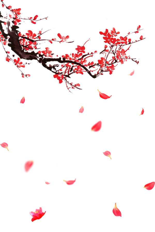 红色梅花手绘插画PNG透明图，高清花瓣漂浮元素设计素材下载