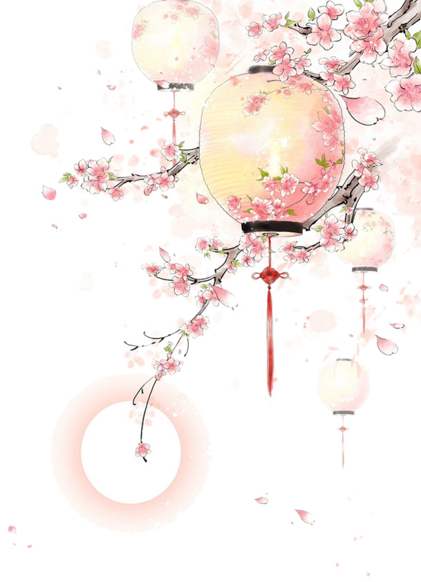 水彩手绘古风桃树灯笼PNG透明图，高清AI设计素材，装饰元素下载