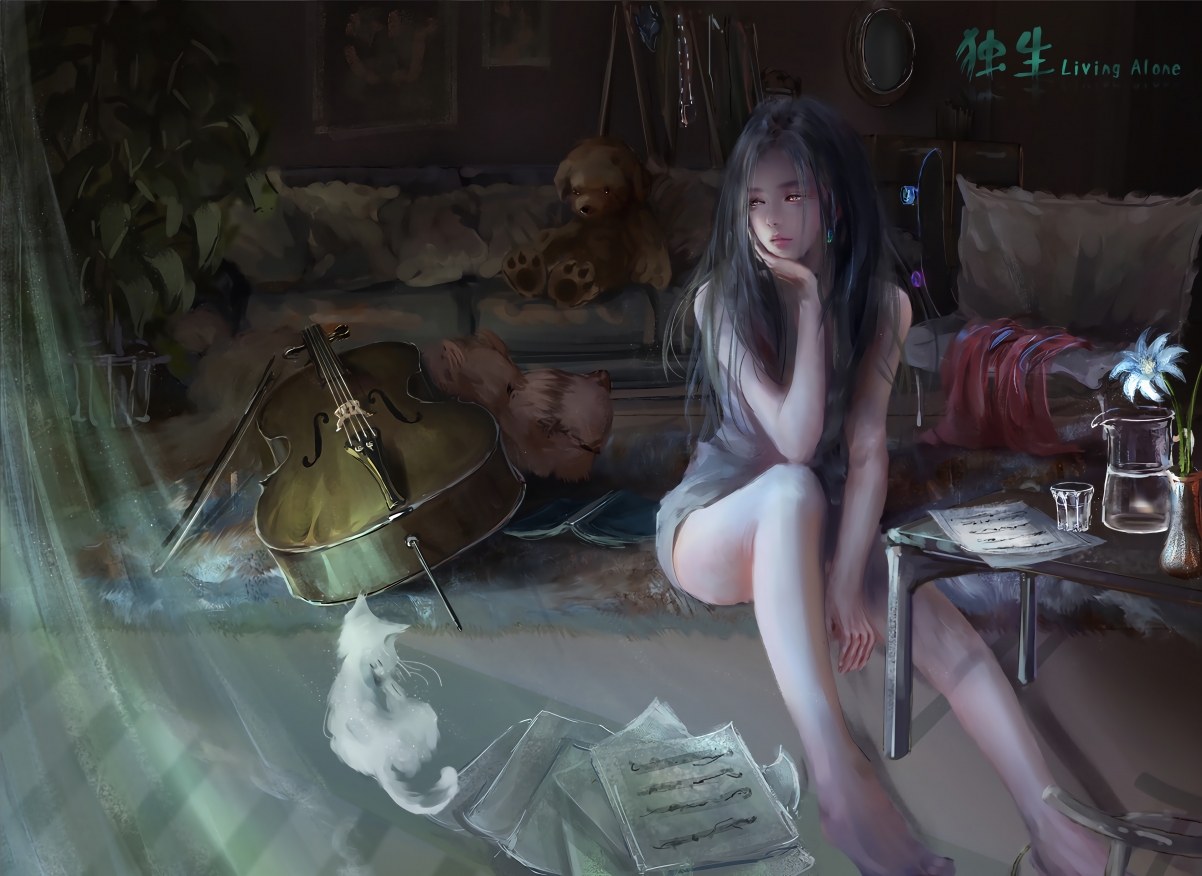 绝美厚涂女子与猫共奏大提琴，超清4K动漫壁纸，3840x2798高清下载