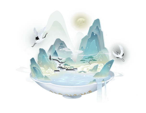 中国风山水渐变PNG透明图，动物装饰元素PSD素材下载