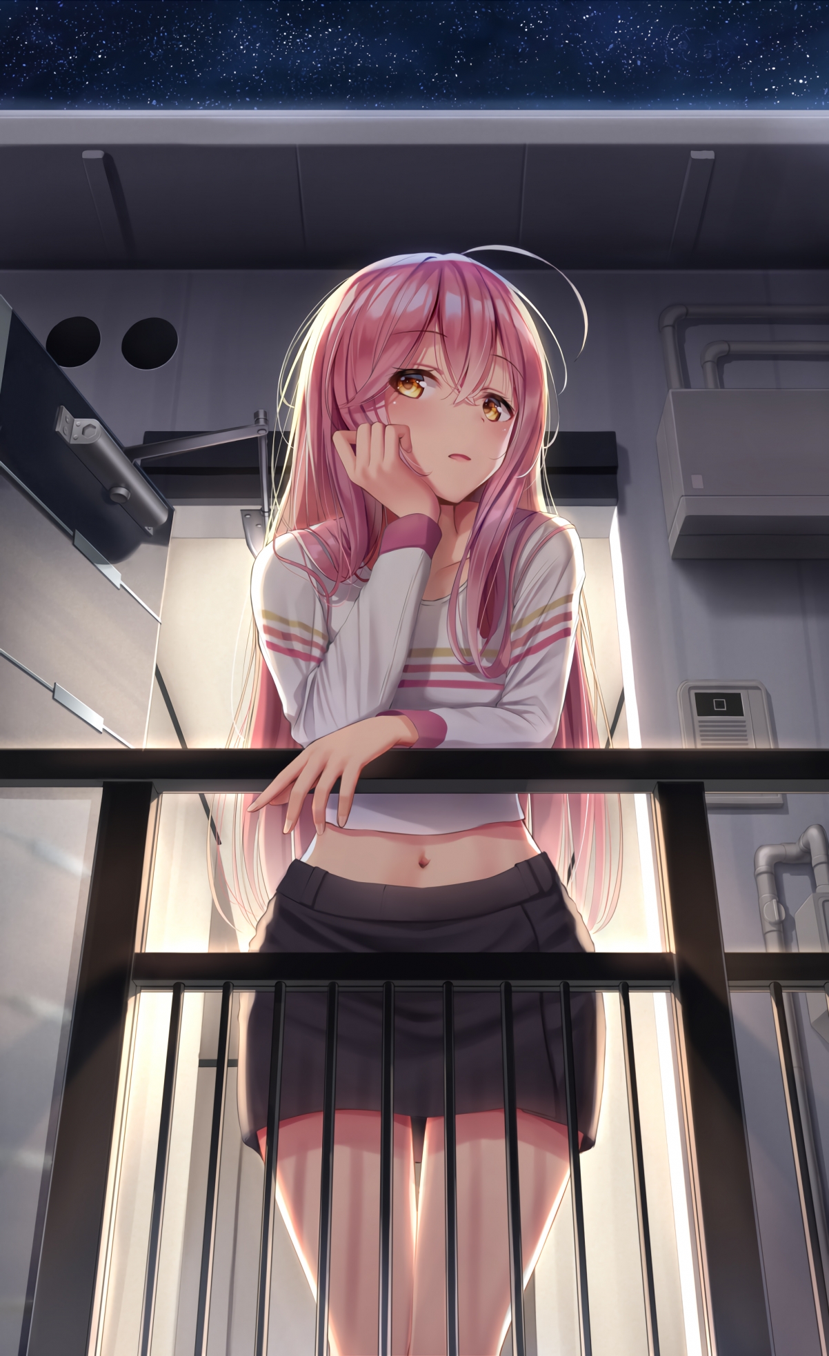 粉色发美少女短裙肚脐星空主题，超清4K全面屏手机壁纸，2000x3272高清下载
