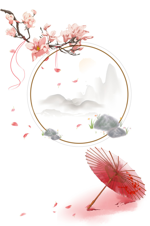 古风桃花花瓣伞PNG透明图，中国风装饰元素PSD素材下载