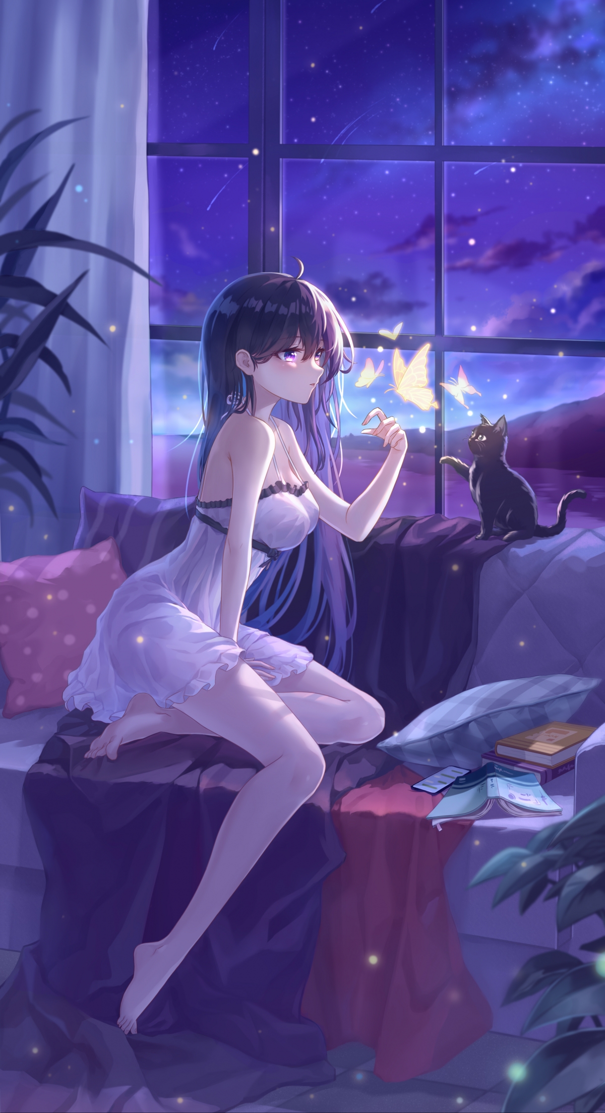 少女猫伴，美腿映夜空，星空璀璨唯美4K竖屏动漫美女壁纸，高清2480x4560下载
