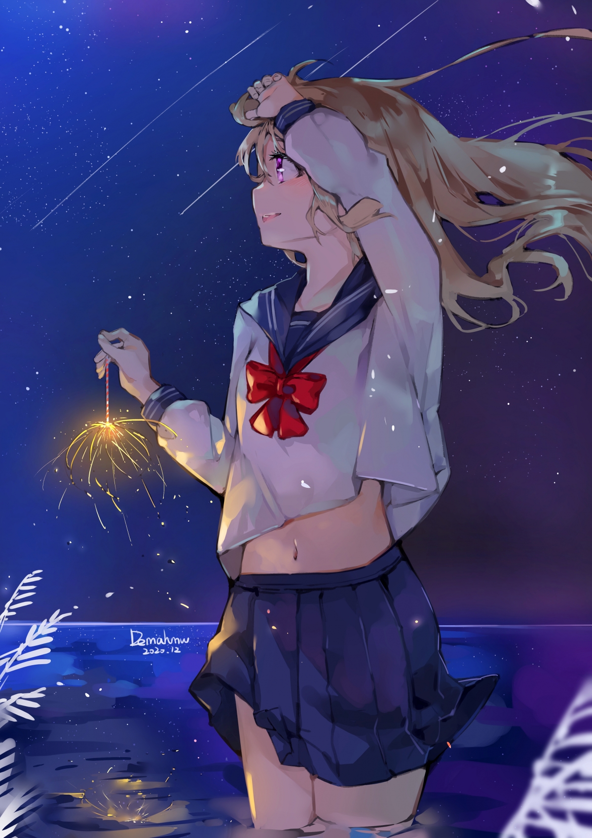 星空夜景水手服少女，露脐装清新风景，竖屏4K高清壁纸下载
