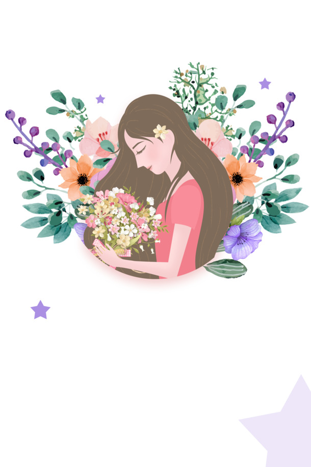手绘植物卡通人物装饰元素，妇女节节日PSD设计素材，高清PNG透明图片下载