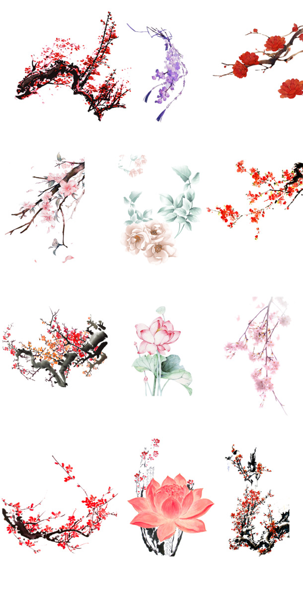 中国风梅花荷花设计素材，高清PNG透明图/手绘卡通元素PSD免费下载
