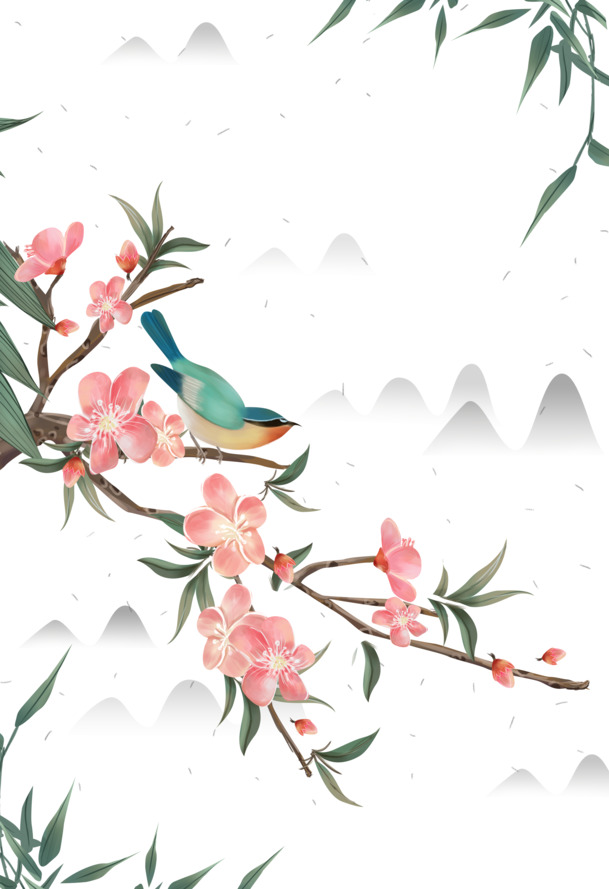 花鸟树枝桃花竹枝元素图，高清PNG透明手绘卡通设计素材PSD下载