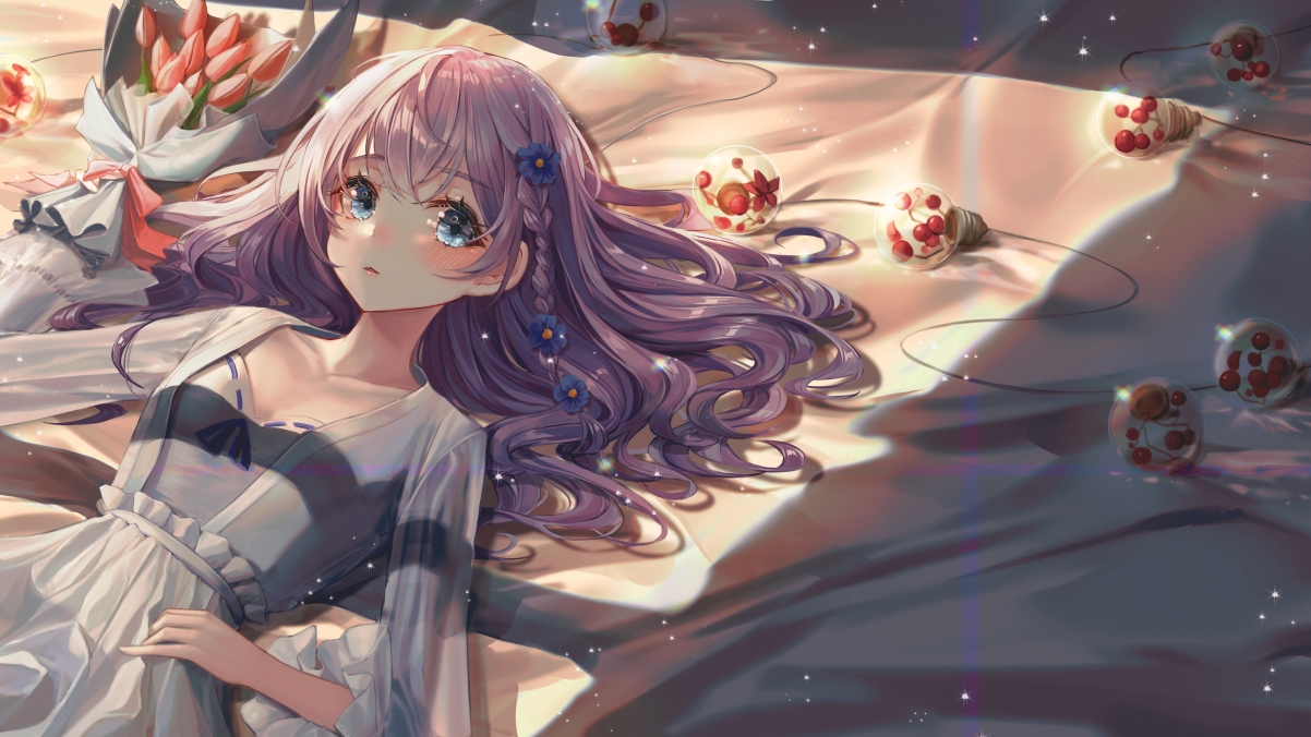 床上长发女孩与鲜花相伴，4K超清动漫壁纸3840x2160高清下载