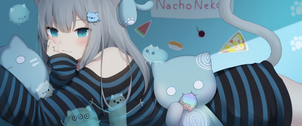 二次元萌妹蓝眸猫尾，3440x1440带鱼屏壁纸，高清4K动漫图片下载