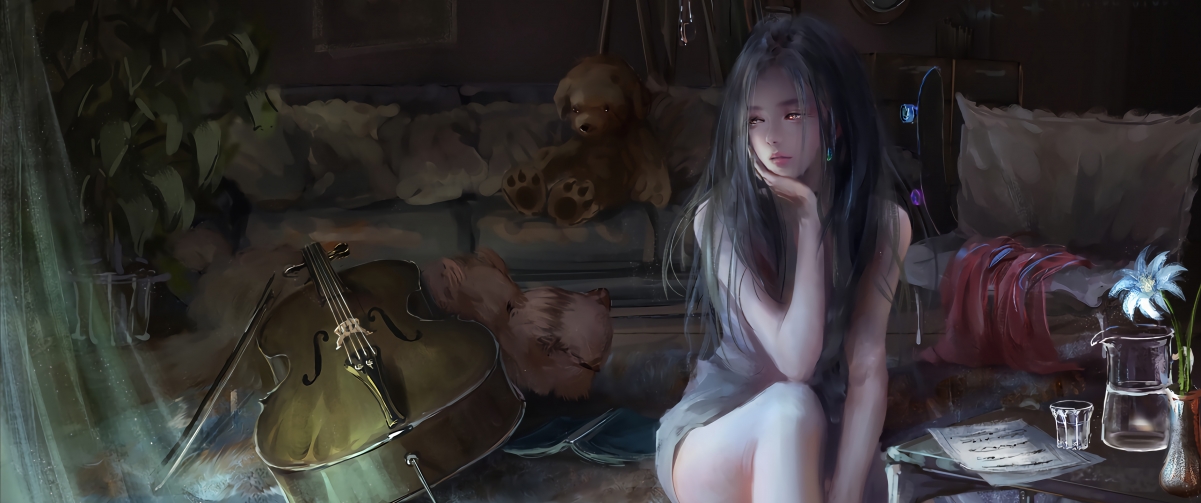 厚涂风格动漫美女与猫共奏大提琴，绝美4K带鱼屏壁纸，高清3440x1440免费下载
