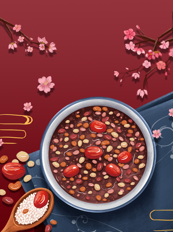 腊八节，梅花红枣腊八粥高清PNG背景素材，古典中国风PSD设计资源下载