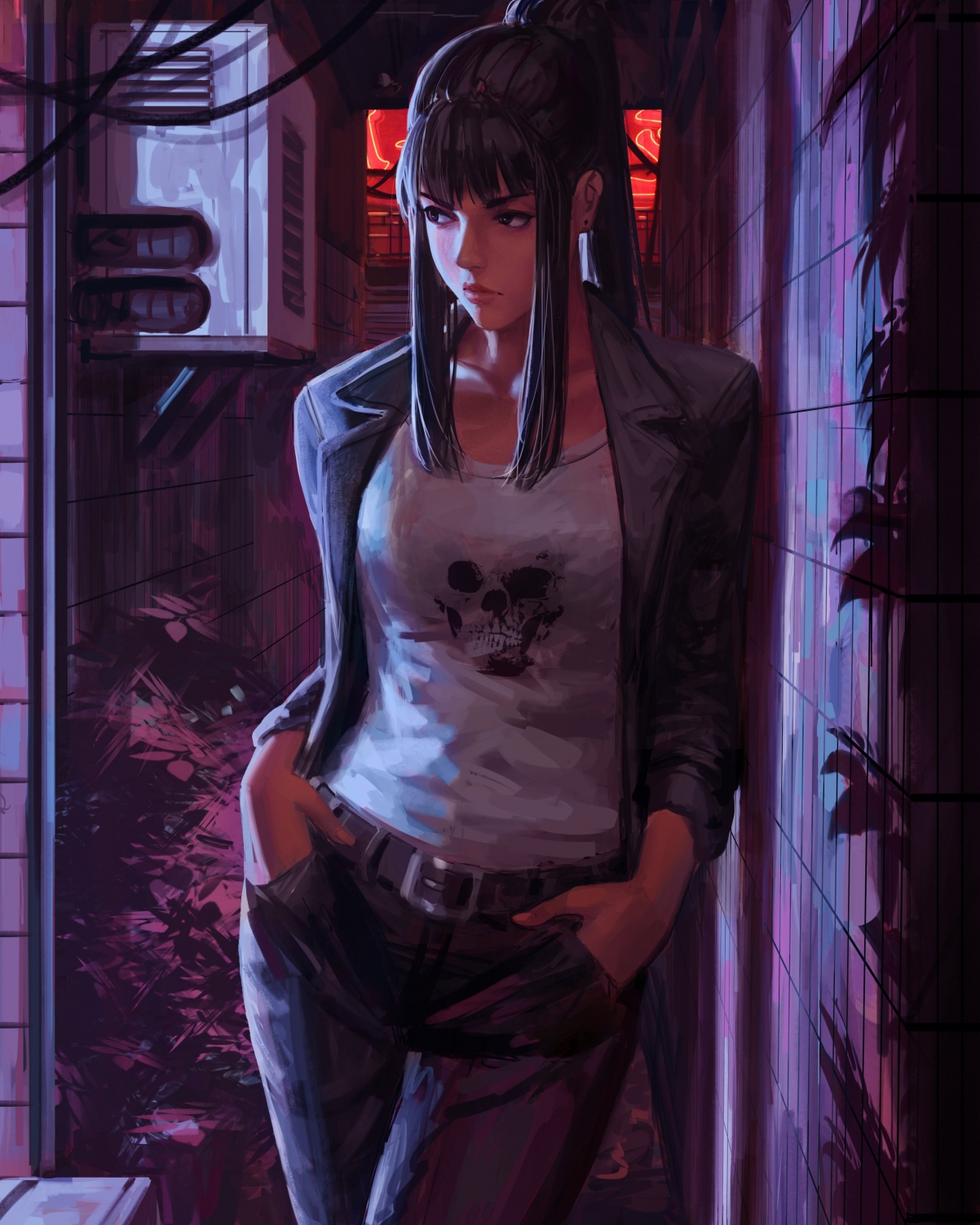 GUWEIZ插画佳作，个性美女双手插兜，高清4K竖屏壁纸免费下载