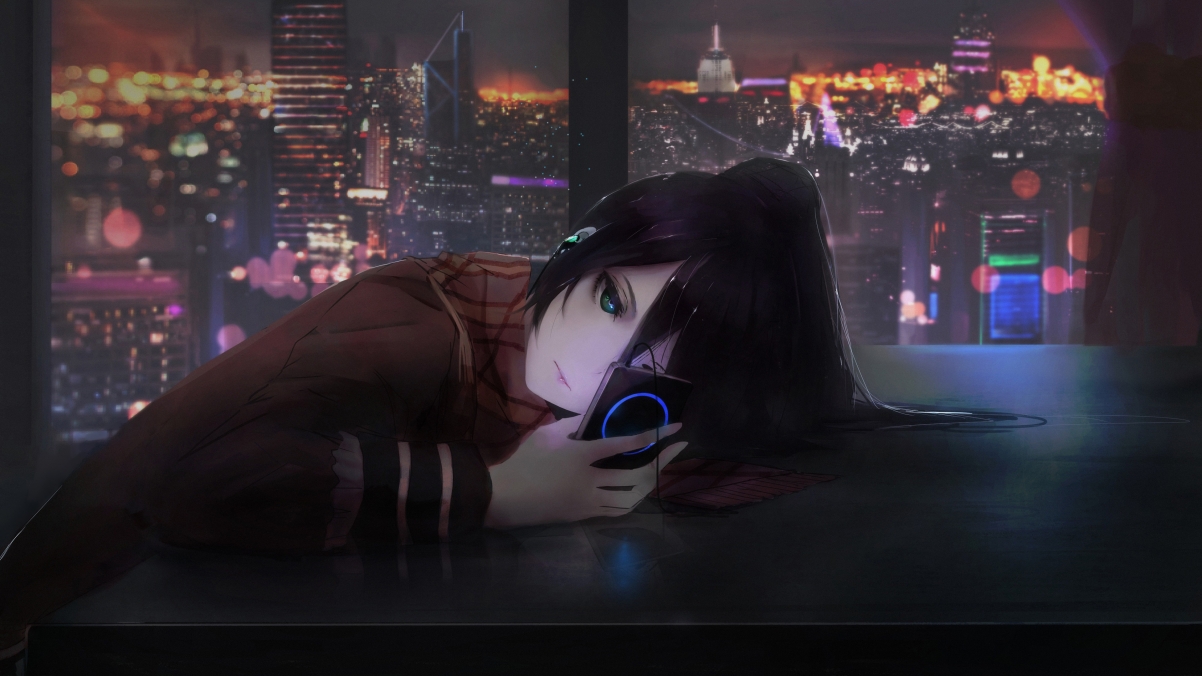 都市风光下的音乐女孩，绝美4K动漫壁纸，高清3840x2160下载