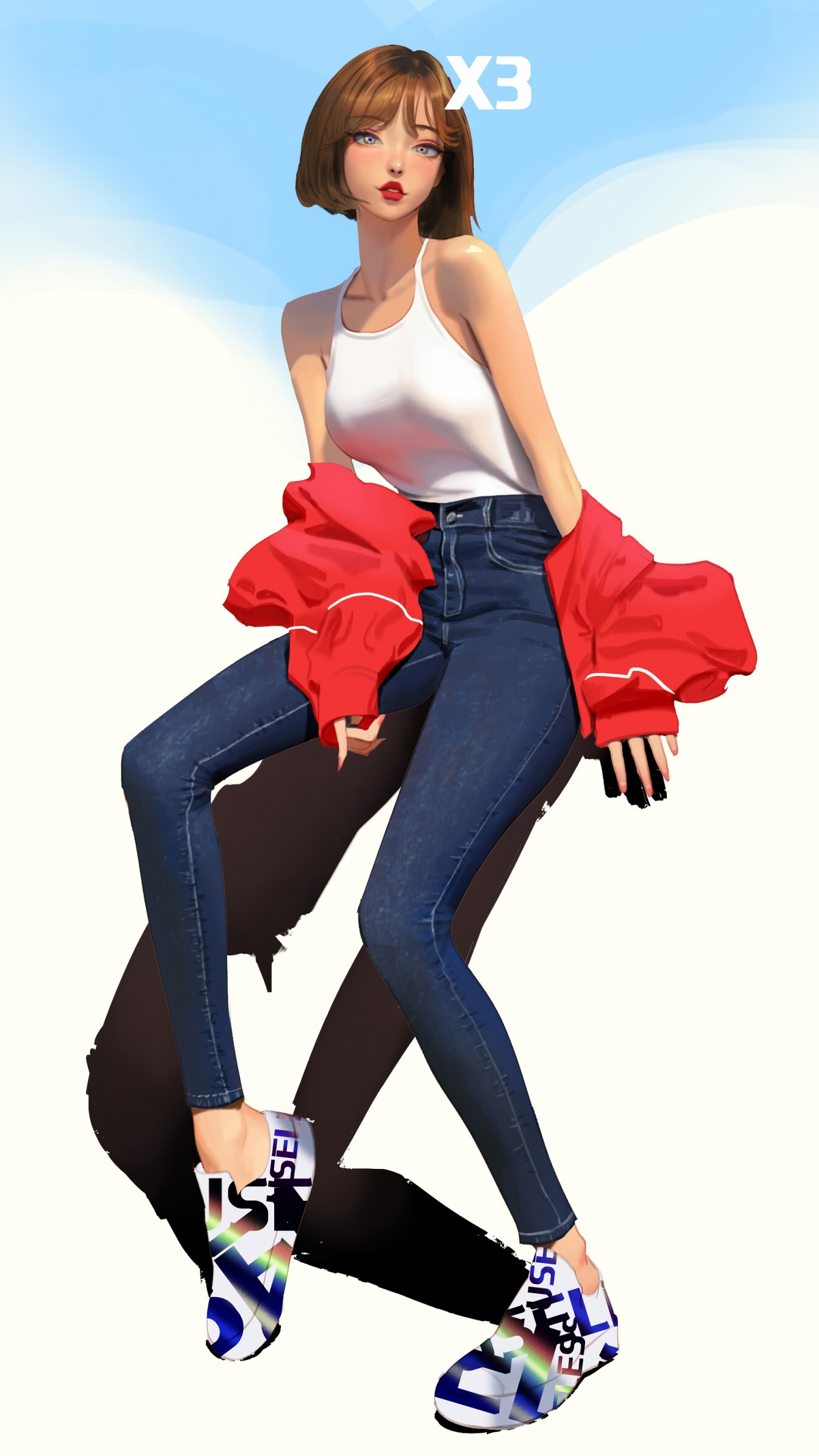 个性短发美女，修身牛仔长裤秀长腿，超高清4K手机壁纸【2160x3840】免费下载