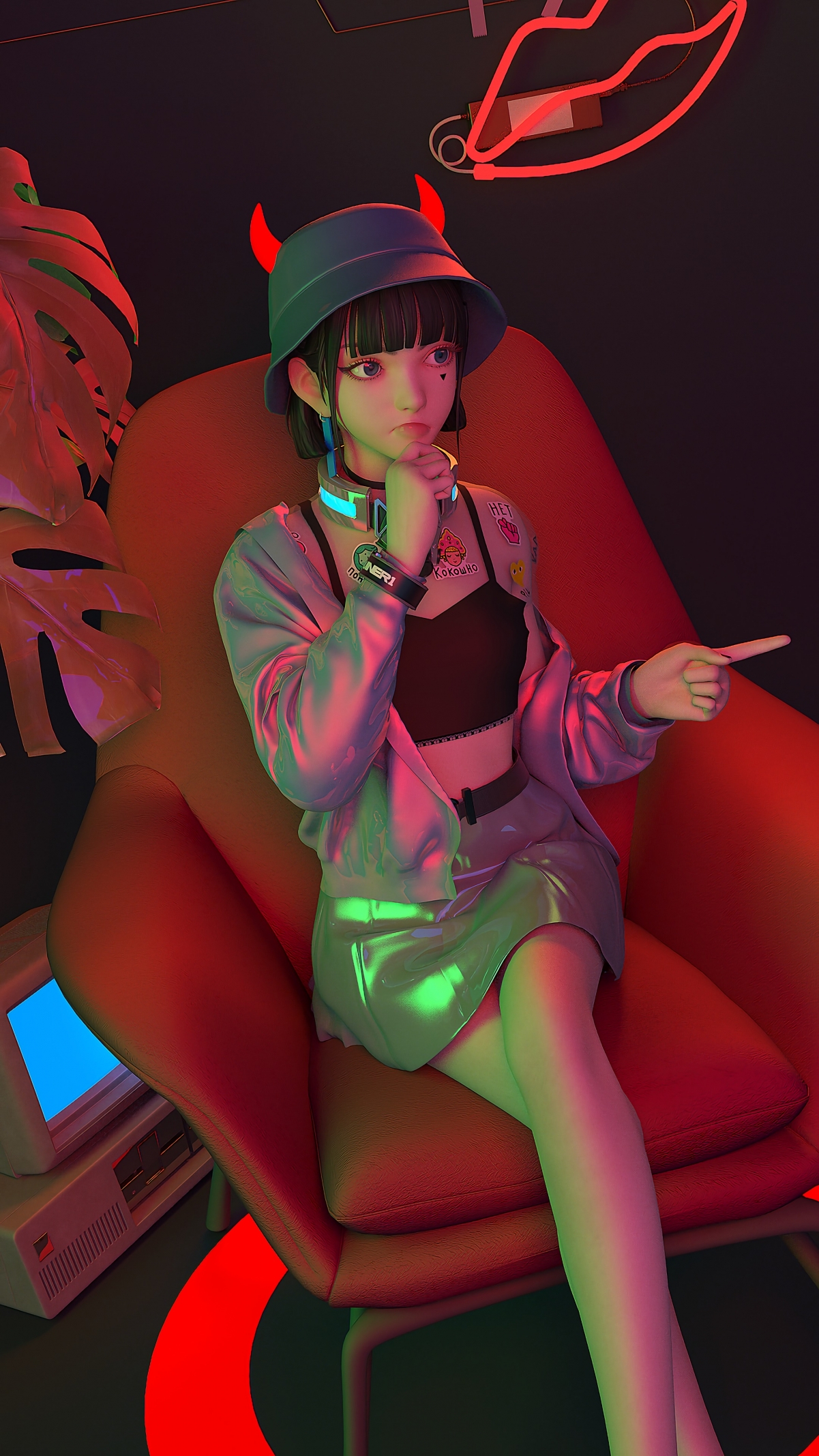 集原美主题，牛角帽子与红色沙发动漫壁纸，4K超清竖屏2160x3840