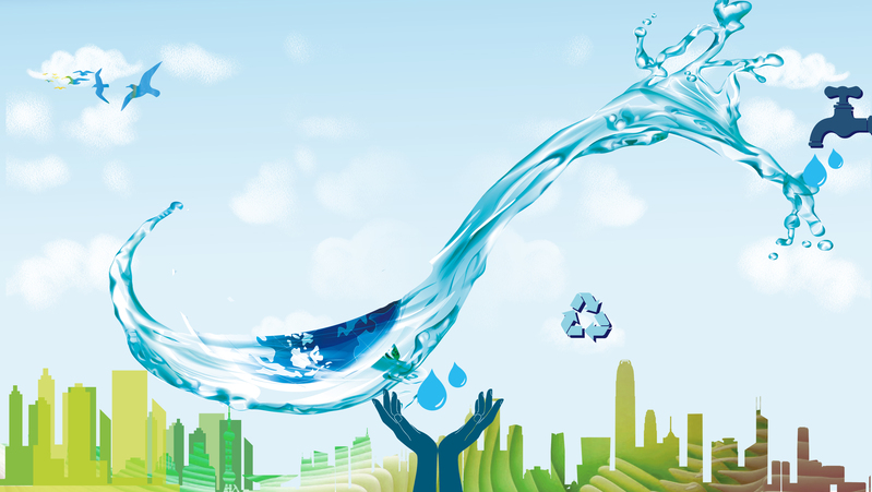 城市剪影节水海报素材，高清JPG与简约PSD，创意公益背景设计下载