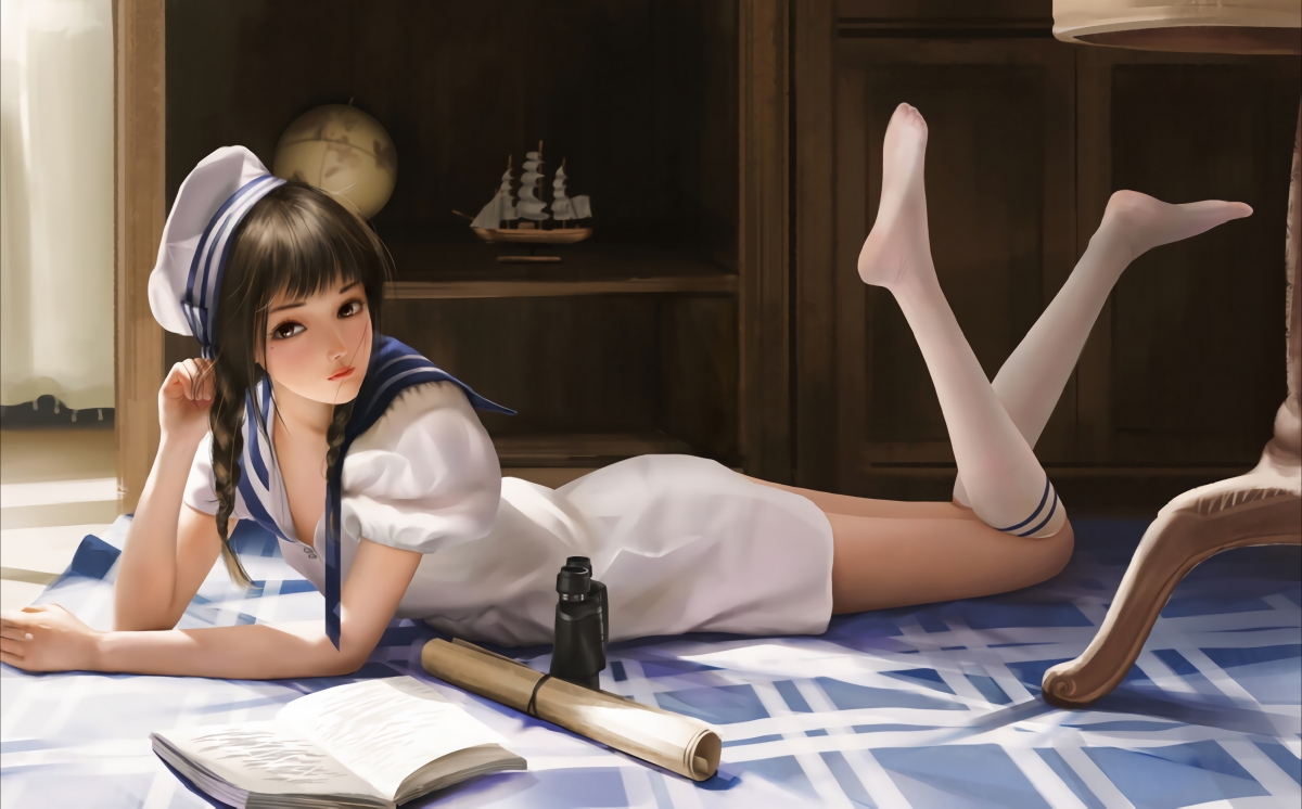 海军服美少女望远镜观地图，美腿白袜抢镜，4K高清动漫壁纸下载